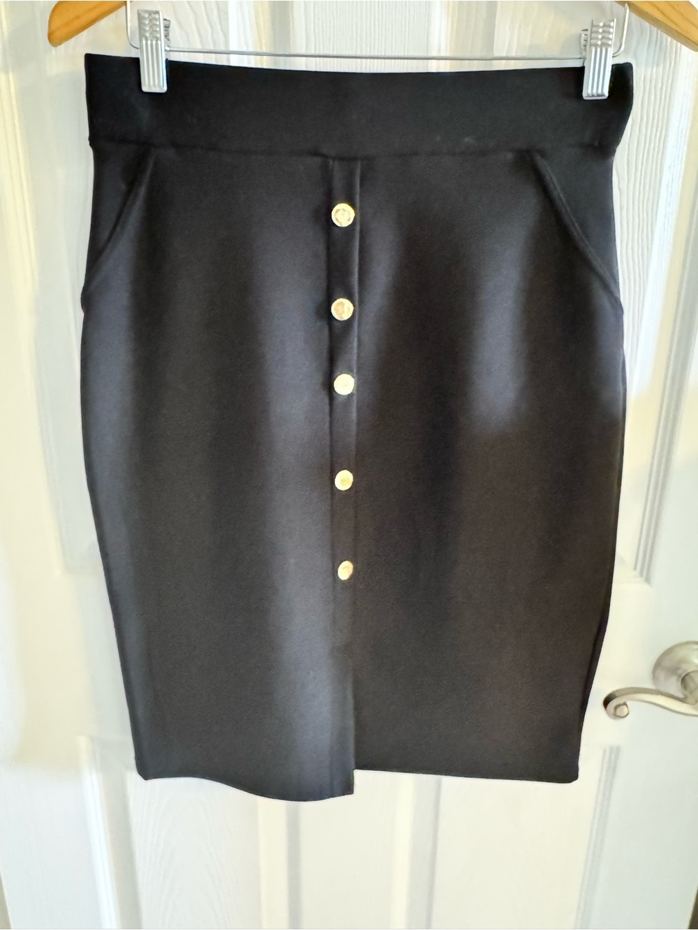 High-Waist Black Midi Pencil Skirt with Gold Buttons
